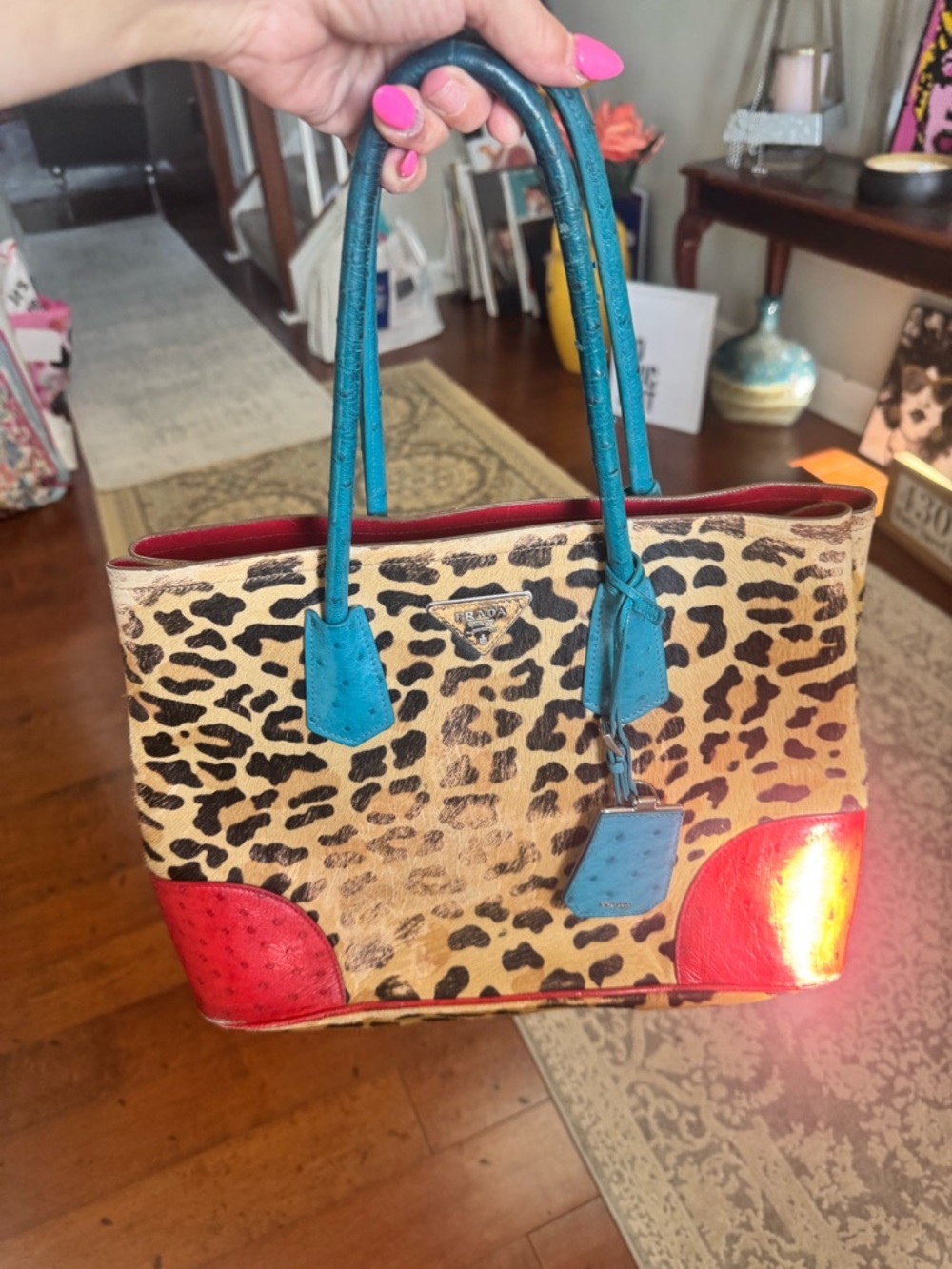 Prada Leopard Haircalf Tote Bag + Wallet Set Teal Red Rare Colorblock Authentic - Picture 4 of 14